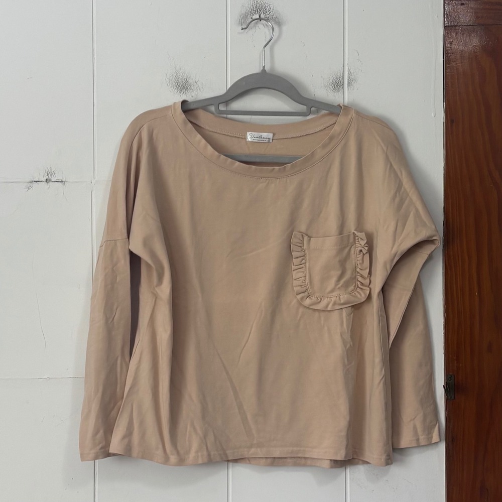 Varlesca Beige Long Sleeve Top Ruffle Pocket Scoop Neck Cotton Blend Relaxed L